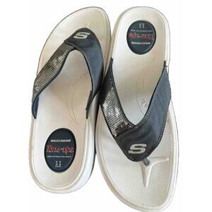 Skechers Tone Ups Navy Blue White Flip Flop Thong Sandals Shoes Womens size 11